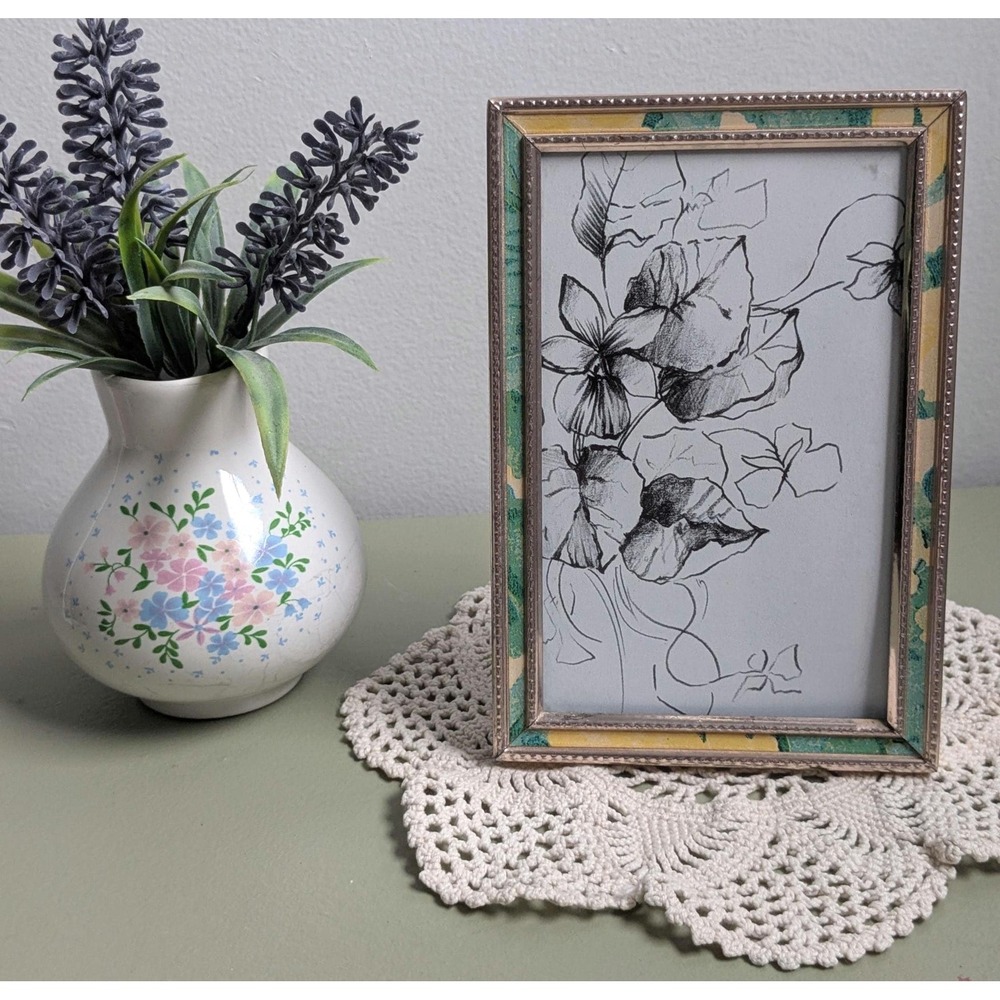 Vintage Silver Tone Floral Picture Frame 4x6 Green Marbled Accent Photo Frame